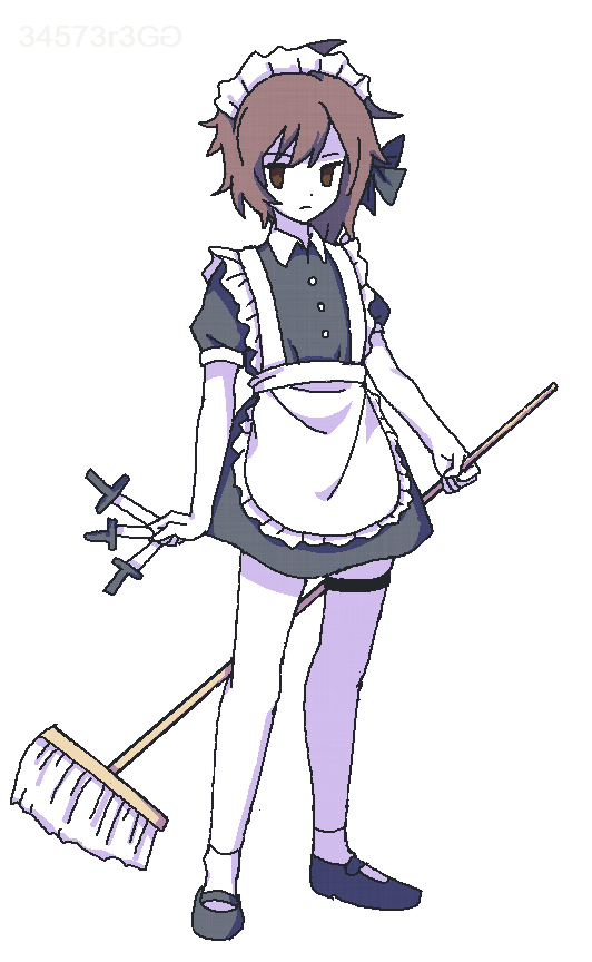 1other androgynous apron atoymk broom brown_eyes brown_hair closed_mouth colored_skin commentary dot_nose dress frilled_apron frills frown full_body grey_dress grey_footwear holding holding_broom holding_knife knife kurohebi len'en maid maid_apron maid_headdress mary_janes puffy_short_sleeves puffy_sleeves shoes short_dress short_hair short_sleeves simple_background socks solo standing symbol-only_commentary thigh_strap white_apron white_background white_skin white_socks