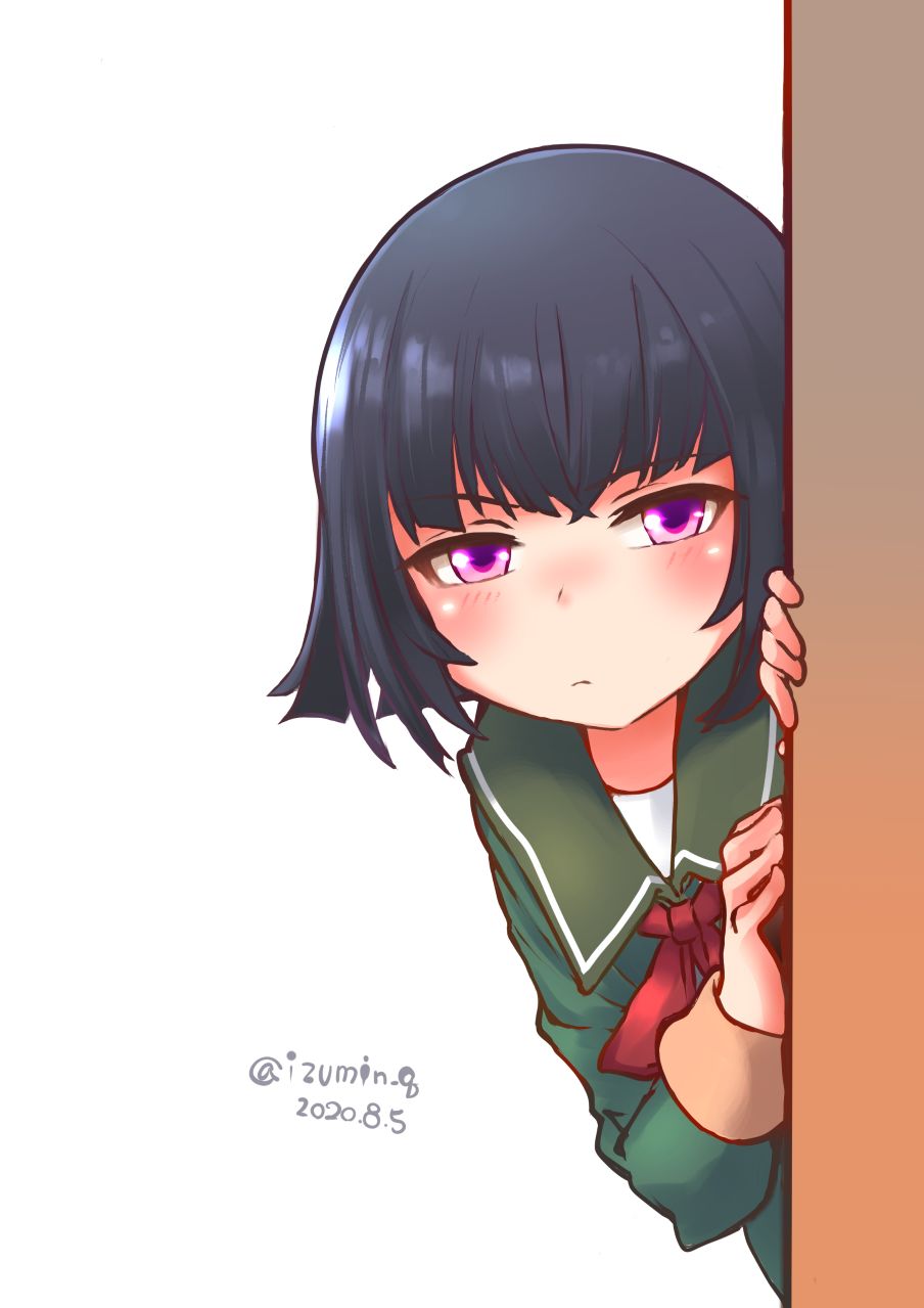 1girl bangs black_hair blush closed_mouth dated green_jacket green_sailor_collar highres ishigaki_(kancolle) izumikuma jacket kantai_collection long_sleeves looking_at_viewer one-hour_drawing_challenge peeking_out sailor_collar school_uniform short_hair simple_background solo twitter_username upper_body violet_eyes white_background