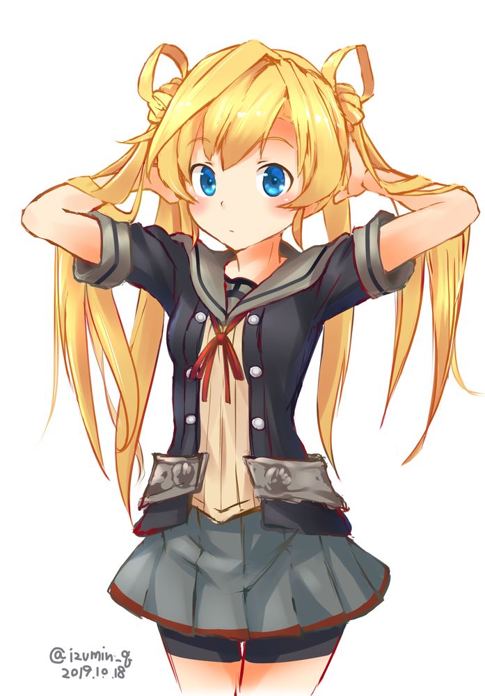 1girl abukuma_(kancolle) abukuma_kai_ni_(kancolle) bangs bike_shorts bike_shorts_under_skirt blonde_hair blue_eyes breasts closed_mouth commentary_request dated double_bun grey_sailor_collar grey_skirt hair_bun hair_rings hands_in_hair izumikuma kantai_collection long_hair looking_at_viewer pleated_skirt sailor_collar school_uniform serafuku short_sleeves simple_background skirt small_breasts solo twintails twitter_username white_background