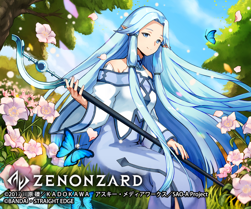1girl blue_butterfly blue_eyes blue_hair bug butterfly character_request company_name copyright_name dated day flower grass holding holding_staff long_hair muraicchi_(momocchi) outdoors pointy_ears solo staff sword_art_online tree very_long_hair watermark wide_sleeves zenonzard