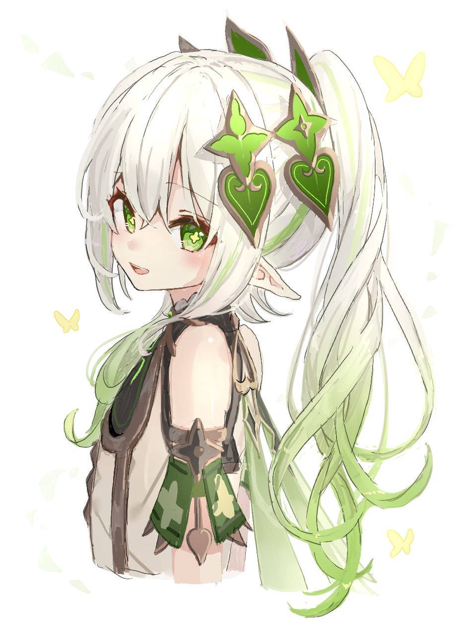 1girl bangs bare_shoulders bug butterfly butterfly_wings commentary_request cross-shaped_pupils detached_sleeves dress flying from_side genshin_impact gradient gradient_hair green_eyes green_hair grey_dress grey_hair hair_between_eyes hair_ornament heart heart_hair_ornament highres long_hair looking_at_viewer multicolored_hair nage_(sacosui_ng) nahida_(genshin_impact) open_mouth pointy_ears ponytail short_sleeves sidelocks simple_background smile solo standing teeth tongue two-tone_hair white_background wings