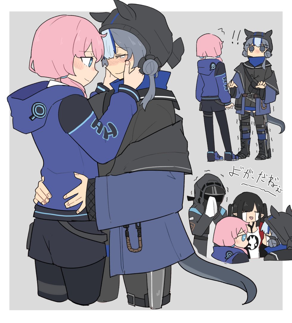 ! !! 1other 3girls arknights black_hair blue_eyes blue_hair blue_jacket blue_poison_(arknights) blush closure_(arknights) crying doctor_(arknights) glaucus_(arknights) hands_on_another's_face happy_tears hood hood_down hood_up hooded_jacket hug jacket kumamoto_aichi long_hair long_sleeves low_twintails multicolored_hair multiple_girls pink_hair pointy_ears smile streaked_hair streaming_tears t_t tearing_up tears trembling twintails yuri