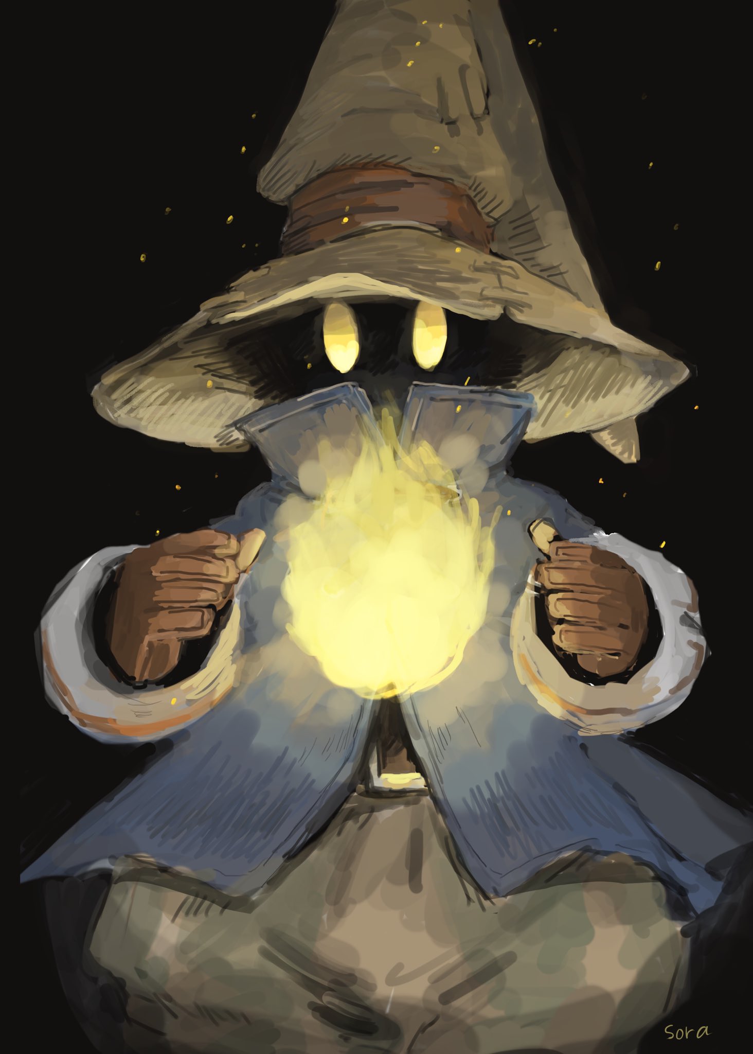 1boy baggy_pants belt_buckle black_background black_mage blue_coat brown_gloves buckle coat feet_out_of_frame final_fantasy final_fantasy_ix fire gloves glowing glowing_eyes hat hat_ribbon high_collar highres magic male_focus pants ribbon solo soraoyogusakana vivi_ornitier wizard_hat yellow_eyes