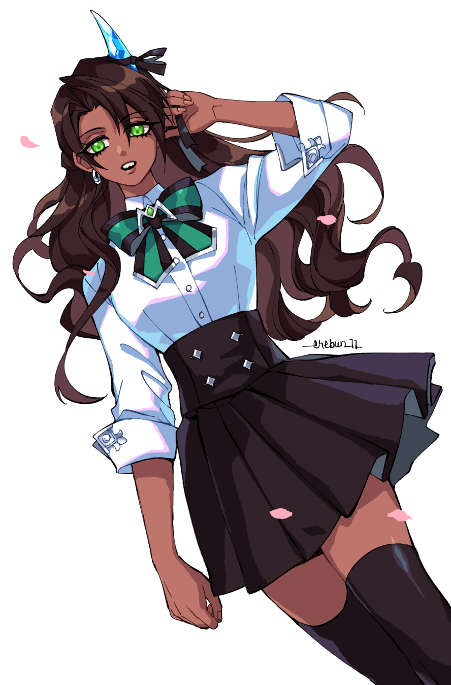 1girl adapted_costume aragami_oga black_ribbon black_skirt black_thighhighs bow bowtie brown_hair collared_shirt curtained_hair dark-skinned_female dark_skin dutch_angle earrings eleven_(erebun) feet_out_of_frame genderswap genderswap_(mtf) green_bow green_bowtie green_eyes hand_up high-waist_skirt highres holostars horn_ornament horn_ribbon horns ice_horns jewelry long_hair looking_at_viewer official_alternate_costume open_mouth petals ribbon sharp_teeth shirt simple_background single_earring single_horn skirt solo teeth thigh-highs upper_teeth virtual_youtuber wavy_hair white_background white_shirt