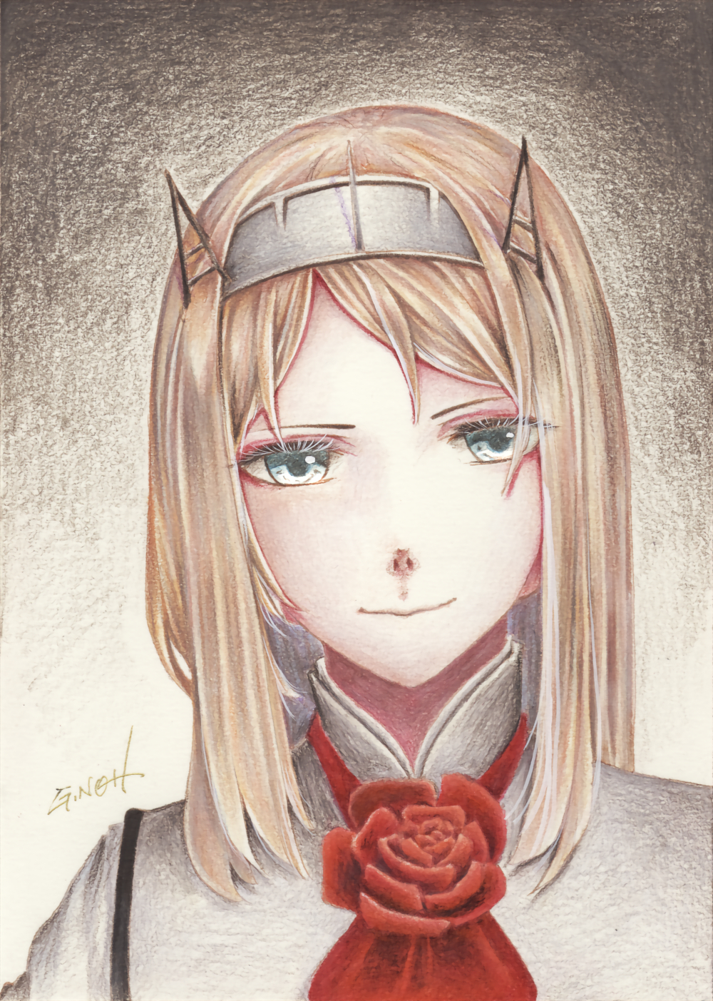 1girl bangs blonde_hair blue_eyes closed_mouth collar collared_shirt eyelashes flower gradient gradient_background grey_shirt hair_ornament hairband headgear highres kantai_collection long_hair looking_at_viewer military military_uniform nelson_(kancolle) portrait red_flower red_rose rose shirt signature simple_background smile solo swept_bangs tesun_(g_noh) traditional_media two-tone_background uniform watercolor_pencil_(medium)