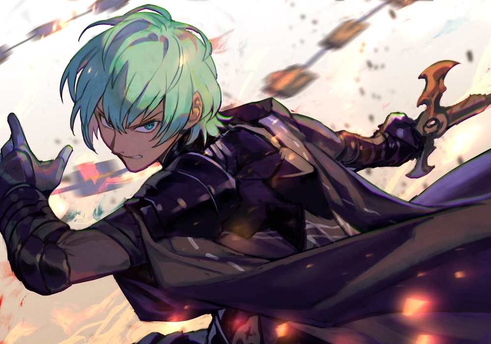 1boy armor bangs black_armor black_cape byleth_(fire_emblem) byleth_eisner_(male) cape enlightened_byleth_(male) fire_emblem fire_emblem:_three_houses gauntlets green_eyes green_hair hair_between_eyes hankuri holding holding_sword holding_weapon looking_at_viewer short_hair solo sword sword_of_the_creator upper_body weapon