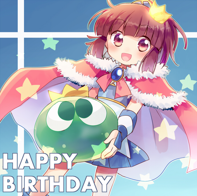 1girl animal aqua_background arle_nadja armor bangs bike_shorts blue_gemstone blue_skirt brown_hair cape crown fur-trimmed_cape fur_trim gem gloves happy_birthday holding holding_animal looking_at_viewer open_mouth puyo_(puyopuyo) puyopuyo red_cape red_eyes shirt skirt slime_(creature) smile star_(symbol) white_shirt xox_xxxxxx
