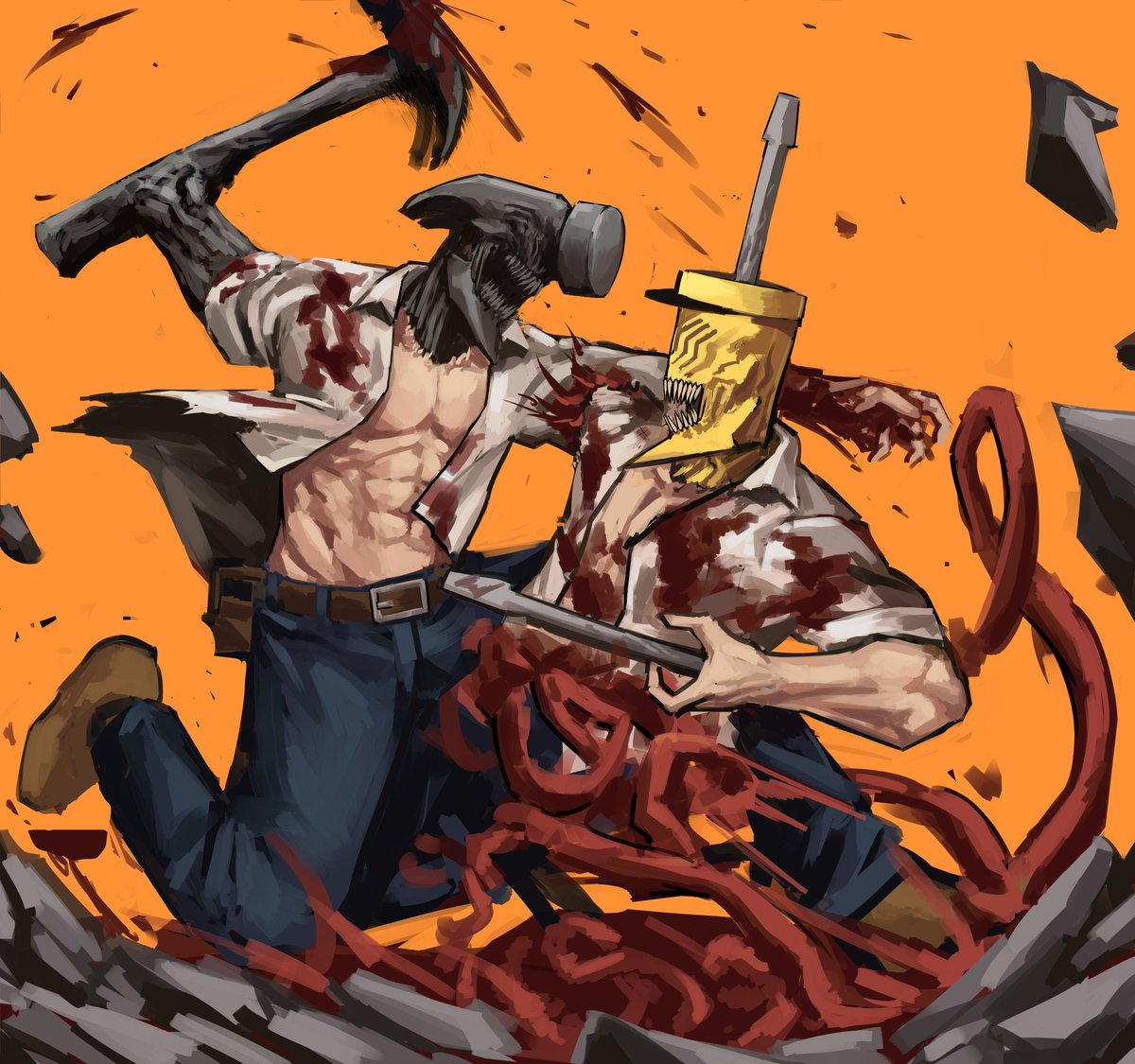 2boys battle belt blood brown_belt brown_footwear chainsaw_man demon_boy drill drill_hand english_commentary english_text fighting hammer holding holding_nail intestines multiple_boys nail no_eyes open_clothes open_mouth open_shirt orange_background original perry_bible_fellowship redrawn shirt shoes single_hand slapknutts sleeves_rolled_up speech_bubble suspenders teeth utility_belt white_shirt