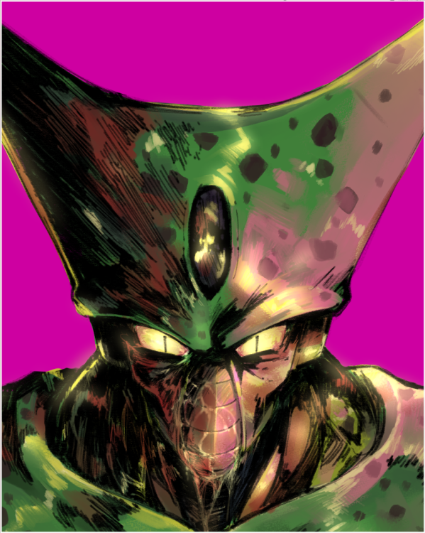 1boy carapace cell_(dragon_ball) colored_skin commentary dragon_ball dragon_ball_z english_commentary green_skin horns imperfect_cell jscandyhell male_focus monster multicolored_skin pink_background simple_background slit_pupils solo two-tone_skin