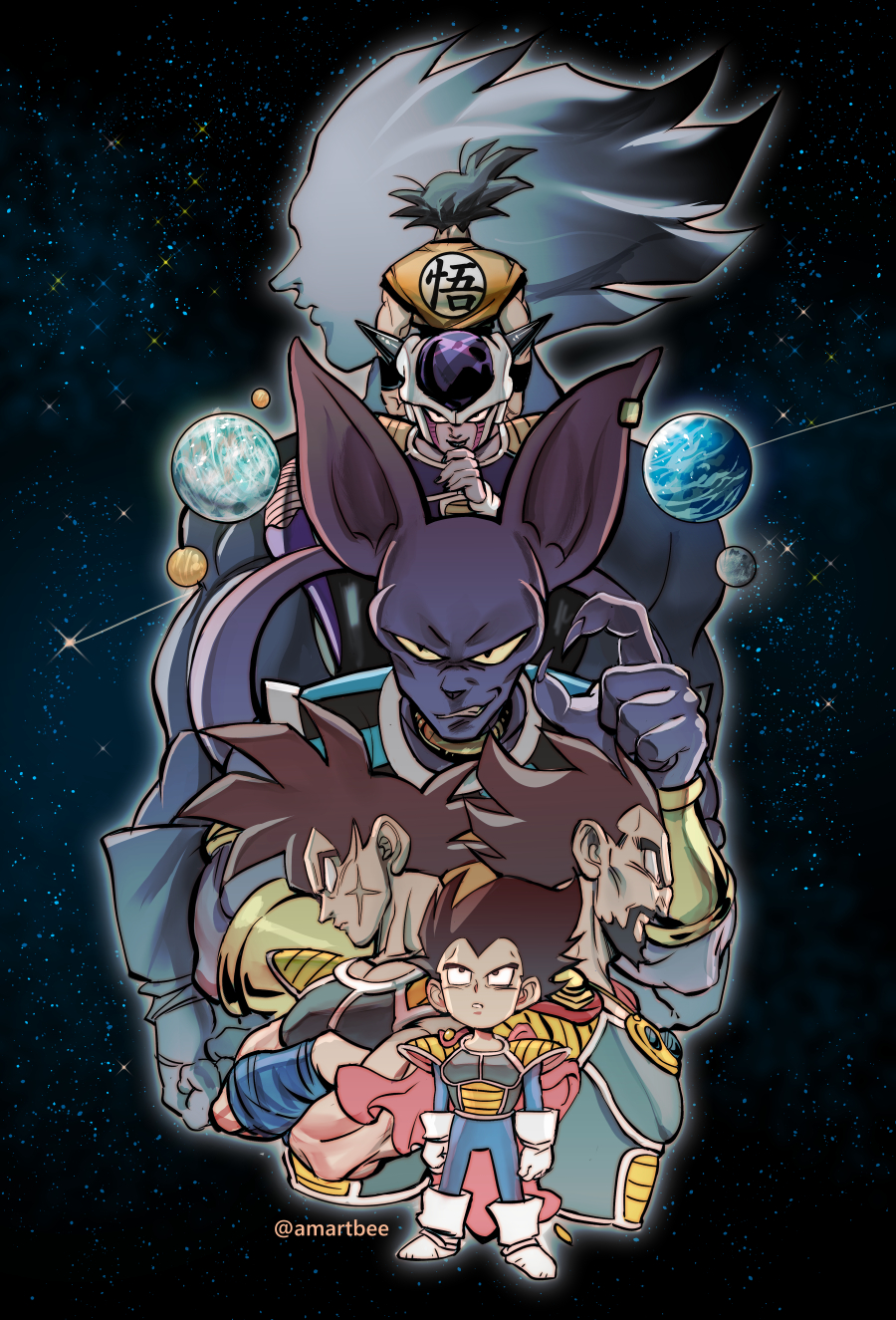 6+boys aged_down amartbee bardock beard beerus boots cape cross_scar crossed_arms dougi dragon_ball dragon_ball_minus dragon_ball_super dragon_ball_z dual_persona earrings earth_(planet) egyptian_clothes facial_hair frieza gloves grin highres horns jewelry king_vegeta male_focus multiple_boys muscular muscular_male planet saiyan_armor scar scar_on_cheek scar_on_face single_earring smile son_goku tail twitter_username vegeta white_footwear white_gloves