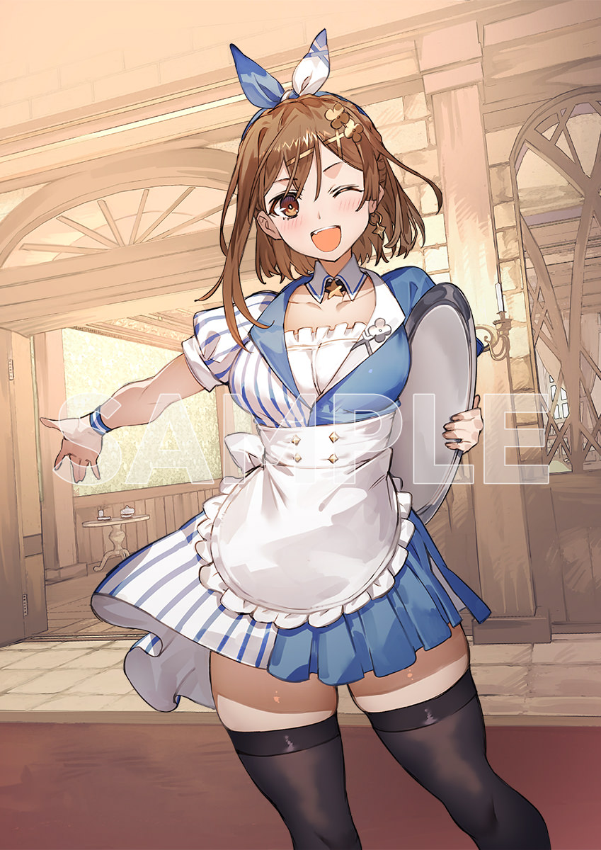 1girl ;d apron atelier_(series) atelier_ryza black_thighhighs blue_dress brown_hair carpet collaboration collarbone dangle_earrings dark_skin detached_collar dress earrings hair_between_eyes hair_ornament hairband hairclip highres holding holding_tray image_sample jewelry lawson looking_at_viewer maid maid_apron official_art one_eye_closed outstretched_arm reisalin_stout short_sleeves single_earring skindentation smile solo teeth thigh-highs thighs tray two-tone_dress upper_teeth white_dress wristband