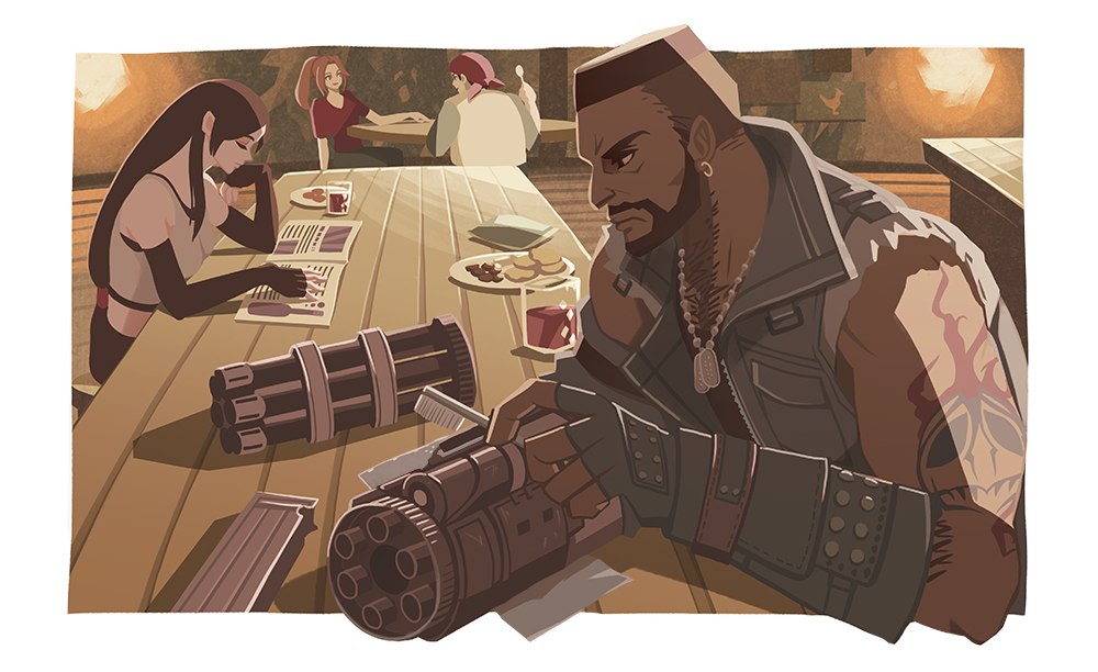 2boys 2girls arm_tattoo bandana bar_(place) bare_shoulders barret_wallace beard black_bra black_gloves black_hair black_skirt border bra breasts brown_hair cleaning_gun closed_eyes crop_top cup dark-skinned_male dark_skin dog_tags earrings facial_hair final_fantasy final_fantasy_vii final_fantasy_vii_remake fingerless_gloves food gloves grey_vest hand_to_own_mouth indoors jessie_rasberry jewelry long_hair low-tied_long_hair multiple_boys multiple_girls ponytail prosthetic_weapon reading red_bandana red_shirt shirt short_hair single_earring sitting skirt sports_bra table tattoo tifa_lockhart torn_clothes torn_sleeves tppqqq7 underwear very_short_hair vest wedge_(ff7) white_shirt wooden_table