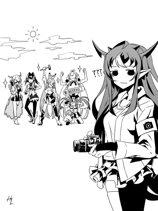 6+girls animal_ears antlers armband bangs camera ceres_fauna clouds feather_hair_ornament feathers hair_ornament hakos_baelz hammer holocouncil hololive hololive_english horns irys_(hololive) limiter_(tsukumo_sana) long_hair looking_at_viewer monochrome mouse_ears mouse_girl multiple_girls nanashi_mumei ouro_kronii photographer planet_hair_ornament pointy_ears ponytail pose single_thighhigh sun sunglasses taka_t thigh-highs tsukumo_sana twintails very_long_hair virtual_youtuber