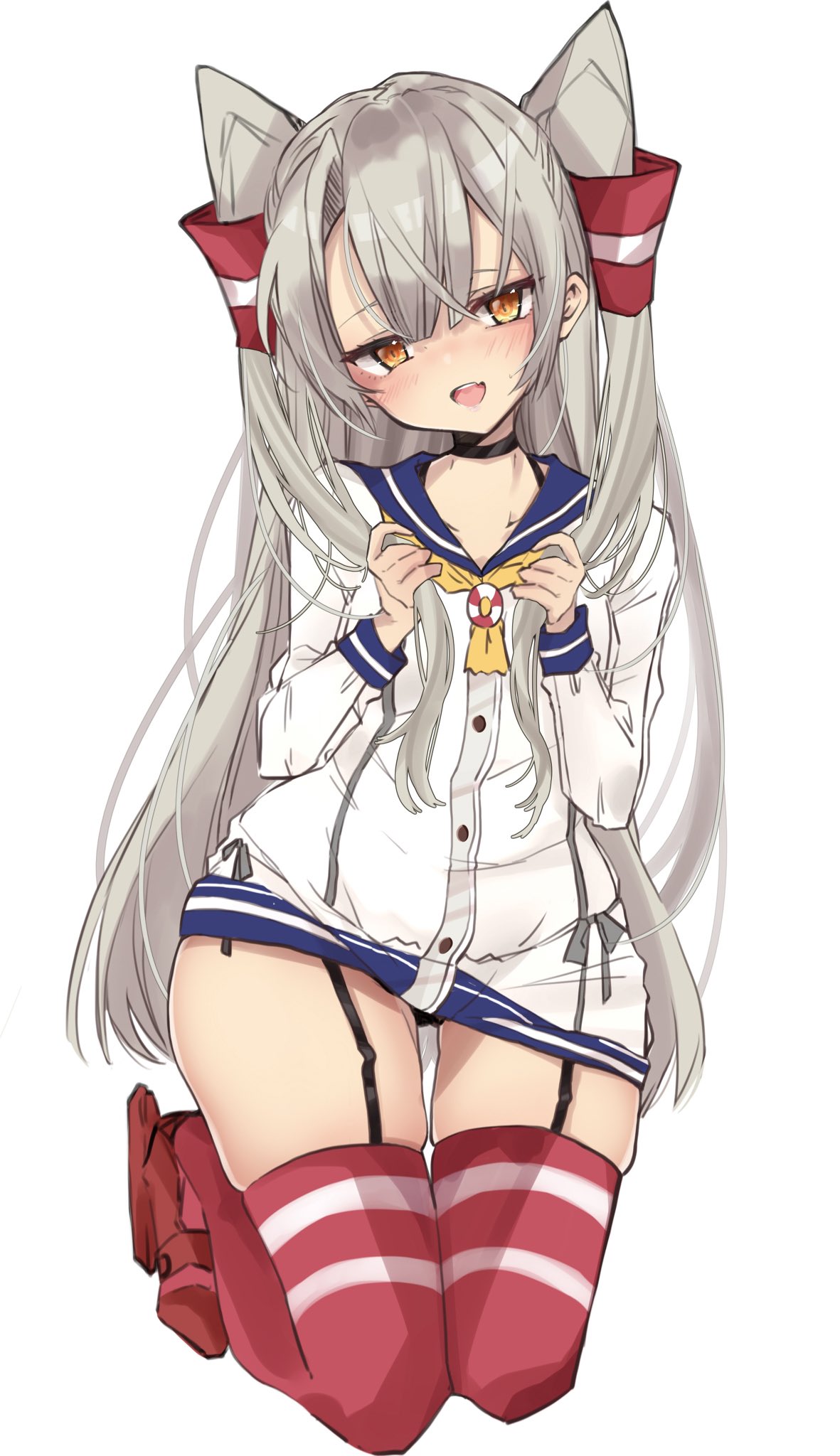 1girl amatsukaze_(kancolle) bangs black_dress blue_sailor_collar blush breasts chigasaki_yukari commentary_request dress garter_straps grey_hair hair_between_eyes hair_tubes highres kantai_collection kneeling lifebuoy_ornament long_hair long_sleeves looking_at_viewer neckerchief open_mouth orange_eyes rudder_footwear sailor_collar sailor_dress simple_background small_breasts smile solo striped striped_thighhighs thigh-highs two_side_up very_long_hair white_background yellow_neckerchief