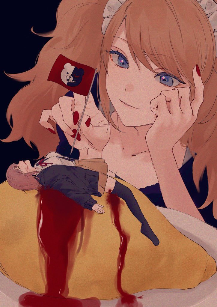 2girls bangs black_background black_jacket black_shirt black_thighhighs blonde_hair blood blood_from_mouth breasts brown_hair chi_(hnnmemi) closed_mouth collarbone danganronpa:_trigger_happy_havoc danganronpa_(series) danganronpa_2:_goodbye_despair egg enoshima_junko food from_side jacket ketchup large_breasts long_hair lying maid_headdress medium_hair minigirl monokuma multiple_girls nail_polish neck_ribbon no_shoes on_back open_clothes open_jacket red_nails red_ribbon ribbon shirt simple_background thigh-highs twintails two-tone_shirt