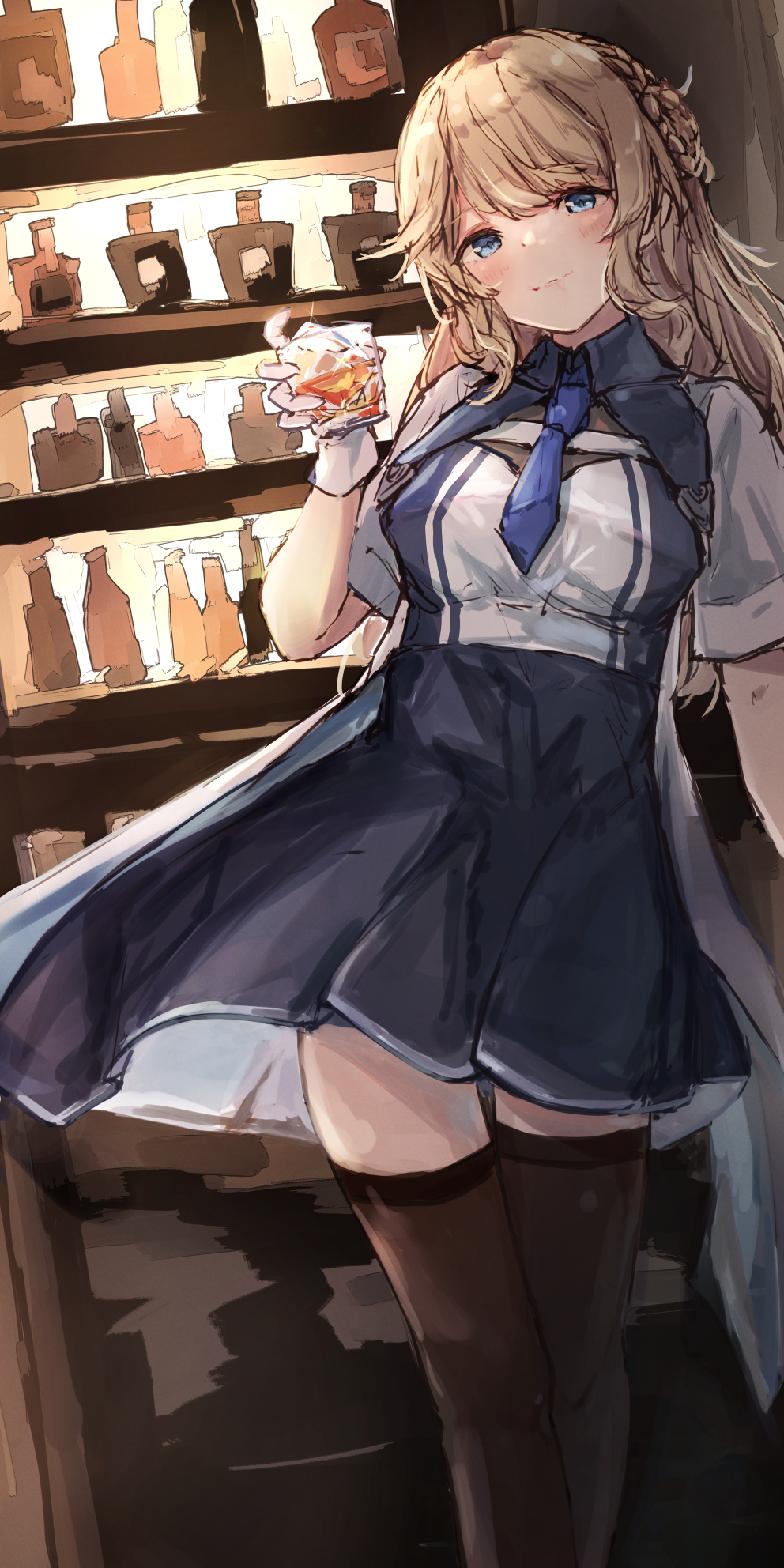 1girl alcohol aruka bar_(place) black_thighhighs blue_eyes blue_necktie braid breasts brown_hair cup drink drinking_glass feet_out_of_frame glass hair_bun highres kantai_collection long_hair looking_at_viewer medium_breasts necktie ranger_(kancolle) side_braids single_side_bun solo thigh-highs two-tone_dress