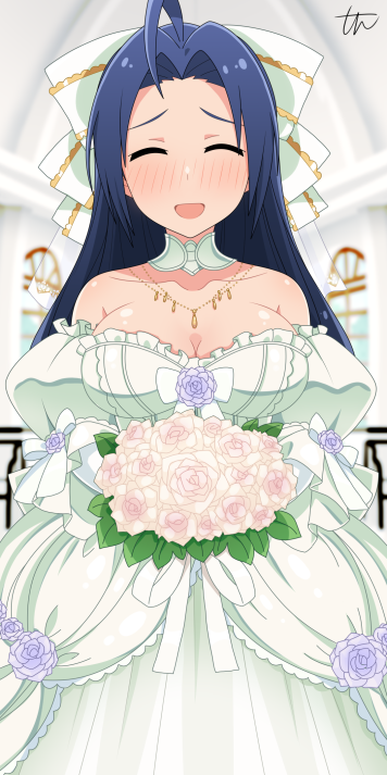 blue_hair blush bouquet bridal_veil closed_eyes dress holding holding_bouquet idolmaster long_hair miura_azusa solo tun veil wedding_dress