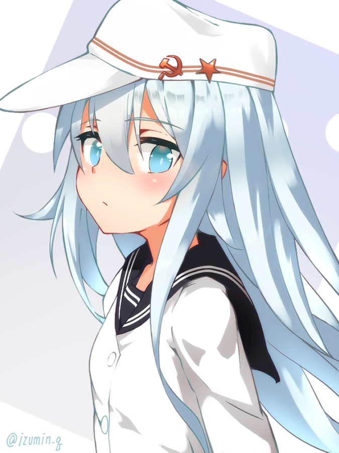 1girl black_sailor_collar blue_eyes blush buttons closed_mouth commission flat_cap hammer_and_sickle hat hibiki_(kancolle) izumikuma jacket kantai_collection long_hair looking_at_viewer sailor_collar simple_background skeb_commission solo star_(symbol) twitter_username upper_body verniy_(kancolle) white_headwear white_jacket