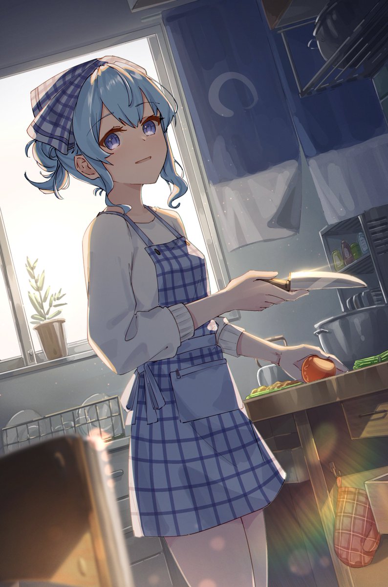 1girl alternate_costume apron blue_eyes blue_hair casual curtains dishrack hair_ribbon hair_up highres hololive hoshimachi_suisei jl_tan knife looking_at_viewer open_mouth oven_mitts plaid plaid_ribbon plate ribbon smile solo tomato virtual_youtuber