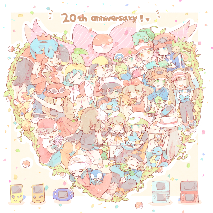 6+boys 6+girls :d ;d anniversary antenna_hair backwards_hat bandana bare_arms bare_shoulders baseball_cap beanie beret black-framed_eyewear black_gloves black_hair black_pants black_pantyhose black_wristband blue_eyes blue_hair blue_shorts boots bow brendan_(pokemon) brown_hair bulbasaur calem_(pokemon) cargo_shorts charmander chespin chikorita closed_eyes closed_mouth coat confetti cropped_jacket cutoffs cyndaquil dark_blue_hair double_bun dual_persona ethan_(pokemon) eyes_visible_through_hair eyewear_on_headwear fennekin game_boy game_boy_(original) game_boy_advance game_boy_color gloves green_bandana green_eyes green_headwear grin hair_bun hair_ornament hairband handheld_game_console hands_on_own_face hands_up hat hat_bow heart high-waist_skirt hikari_(pokemon) hilbert_(pokemon) hilda_(pokemon) holding holding_handheld_game_console jacket katiko kris_(pokemon) leaf leaf_(pokemon) light_brown_hair link_cable long_hair long_sleeves lucas_(pokemon) lyra_(pokemon) making-of_available may_(pokemon) mudkip multiple_boys multiple_girls nate_(pokemon) nintendo_3ds nintendo_ds no_nose on_head on_lap on_shoulder one_eye_closed open_clothes open_jacket open_mouth orange_eyes oshawott pants pantyhose pink_footwear piplup poke_ball poke_ball_(basic) pokemon pokemon_(creature) pokemon_(game) pokemon_bw pokemon_bw2 pokemon_dppt pokemon_emerald pokemon_frlg pokemon_gsc pokemon_hgss pokemon_on_head pokemon_on_lap pokemon_on_shoulder pokemon_oras pokemon_platinum pokemon_rse pokemon_xy ponytail porkpie_hat red_(pokemon) red_bow red_coat red_hairband red_headwear red_skirt red_tank_top rosa_(pokemon) serena_(pokemon) short_hair shorts skirt sleeveless smile snivy squirtle tank_top thigh-highs torchic totodile treecko turtwig twintails two-tone_gloves visor_cap white-framed_eyewear white_gloves white_headwear white_jacket wristband yellow_headwear zettai_ryouiki