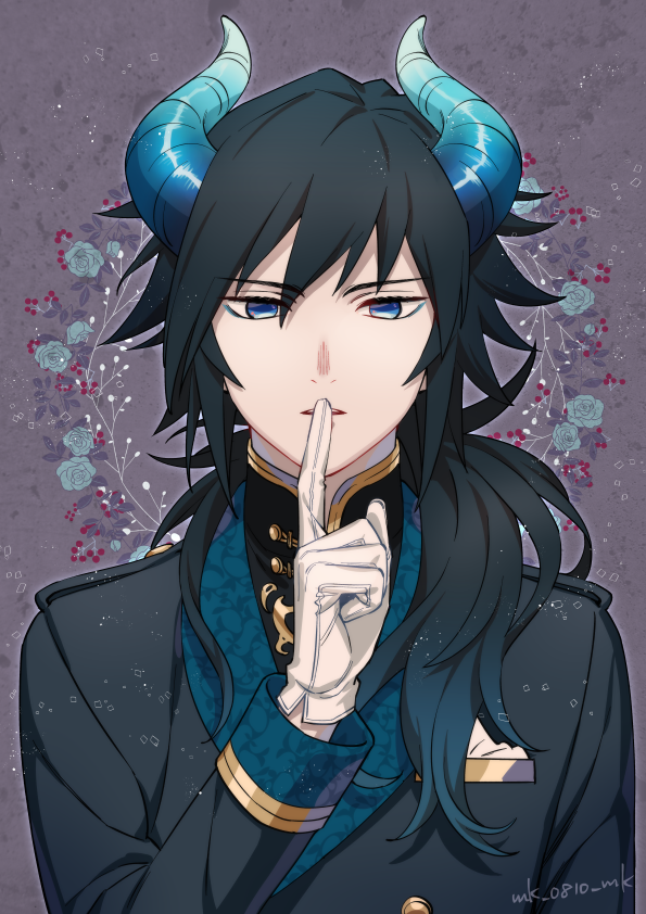 1boy ar_(rikuesuto) black_hair black_shirt blue_eyes blue_horns gloves horns kimetsu_no_yaiba long_hair long_sleeves male_focus open_mouth pointing pointing_at_self shirt solo tomioka_giyuu white_gloves