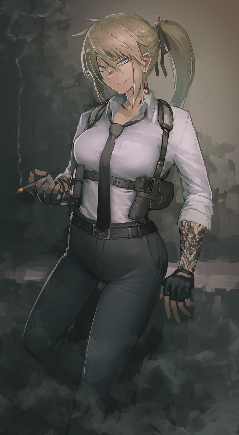 1girl arm_tattoo bangs belt black_belt black_gloves black_necktie black_pants blonde_hair blue_eyes breasts cigarette closed_mouth collared_shirt commission dated_commentary feet_out_of_frame fingerless_gloves gloves gun handgun hetza_(hellshock) highres holding holding_cigarette holster holstered_weapon leaning_on_object long_hair long_sleeves looking_at_viewer loose_necktie medium_breasts neck_tattoo necktie original pants ponytail shirt sidelocks smile smoke smoking solo suzumi_(hetza) tattoo weapon white_shirt