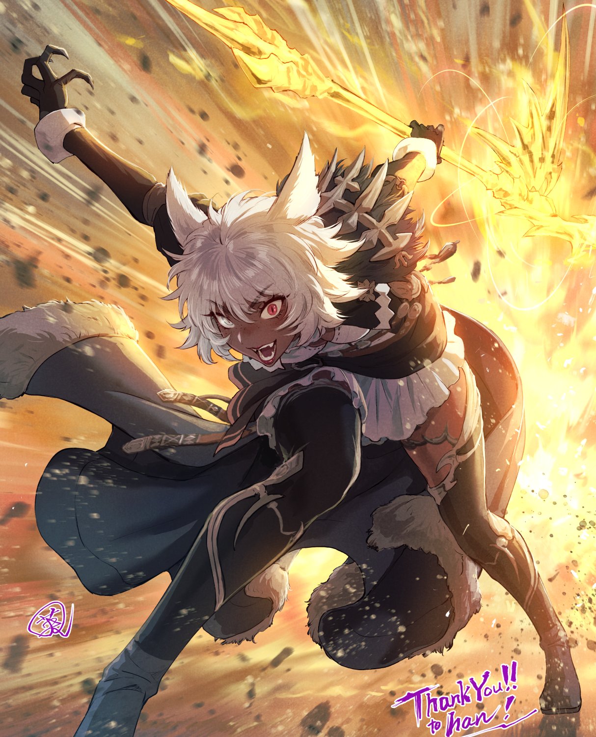 1girl animal_ears avatar_(ff14) bangs black_coat black_footwear black_gloves boots cat_ears coat commission constricted_pupils dark-skinned_female dark_skin debris explosion fangs final_fantasy final_fantasy_xiv fingernails freckles from_side fujii_eishun full_body fur-trimmed_coat fur_trim gloves glowing glowing_weapon heterochromia highres holding holding_staff leaning_forward legs_apart looking_at_viewer miqo'te open_mouth outstretched_arm red_eyes red_lips sharp_fingernails short_hair signature skeb_commission skirt solo staff thank_you thigh_boots v-shaped_eyebrows weapon white_eyes white_hair white_skirt