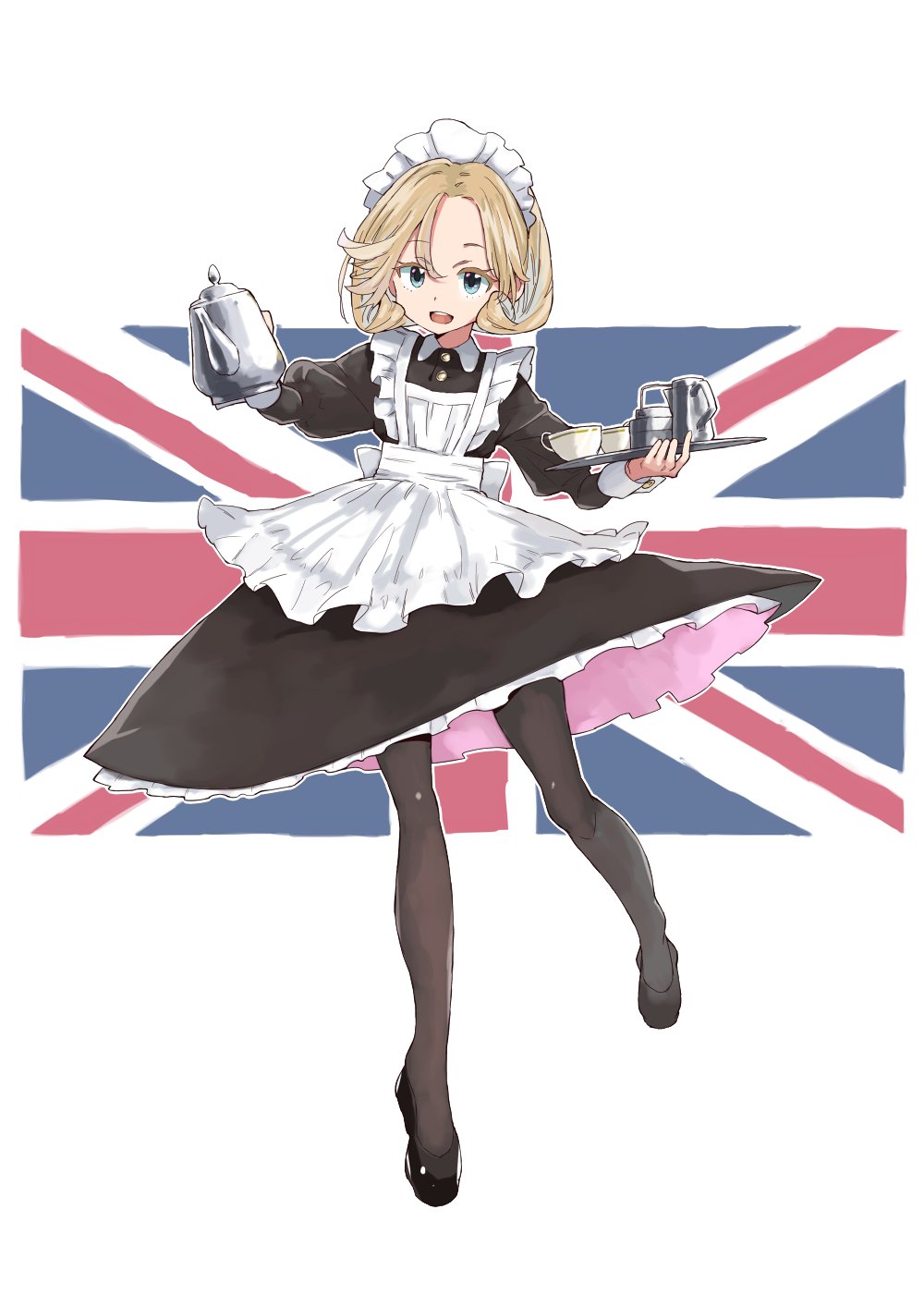 1girl alternate_costume apron black_dress black_footwear black_pantyhose blonde_hair blue_eyes dress enmaided frilled_apron frilled_dress frills full_body highres holding holding_tray janus_(kancolle) juliet_sleeves kantai_collection long_sleeves maid maid_apron maid_headdress matsutani open_mouth pantyhose puffy_sleeves shoes short_hair smile solo teeth tray union_jack upper_teeth white_apron