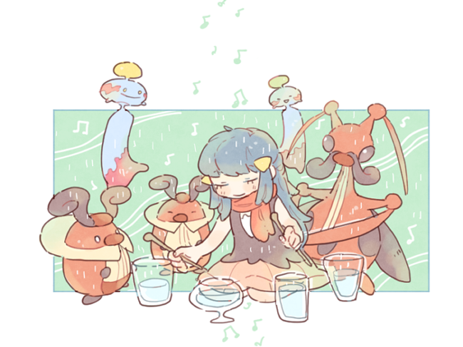 1girl black_tank_top blue_hair chimecho closed_eyes closed_mouth cup dark_blue_hair drinking_glass hair_ornament hikari_(pokemon) katiko kricketot kricketune long_hair miniskirt musical_note no_headwear no_nose pink_skirt pokemon pokemon_(creature) pokemon_(game) pokemon_dppt red_scarf scarf sitting skirt smile tank_top wariza water