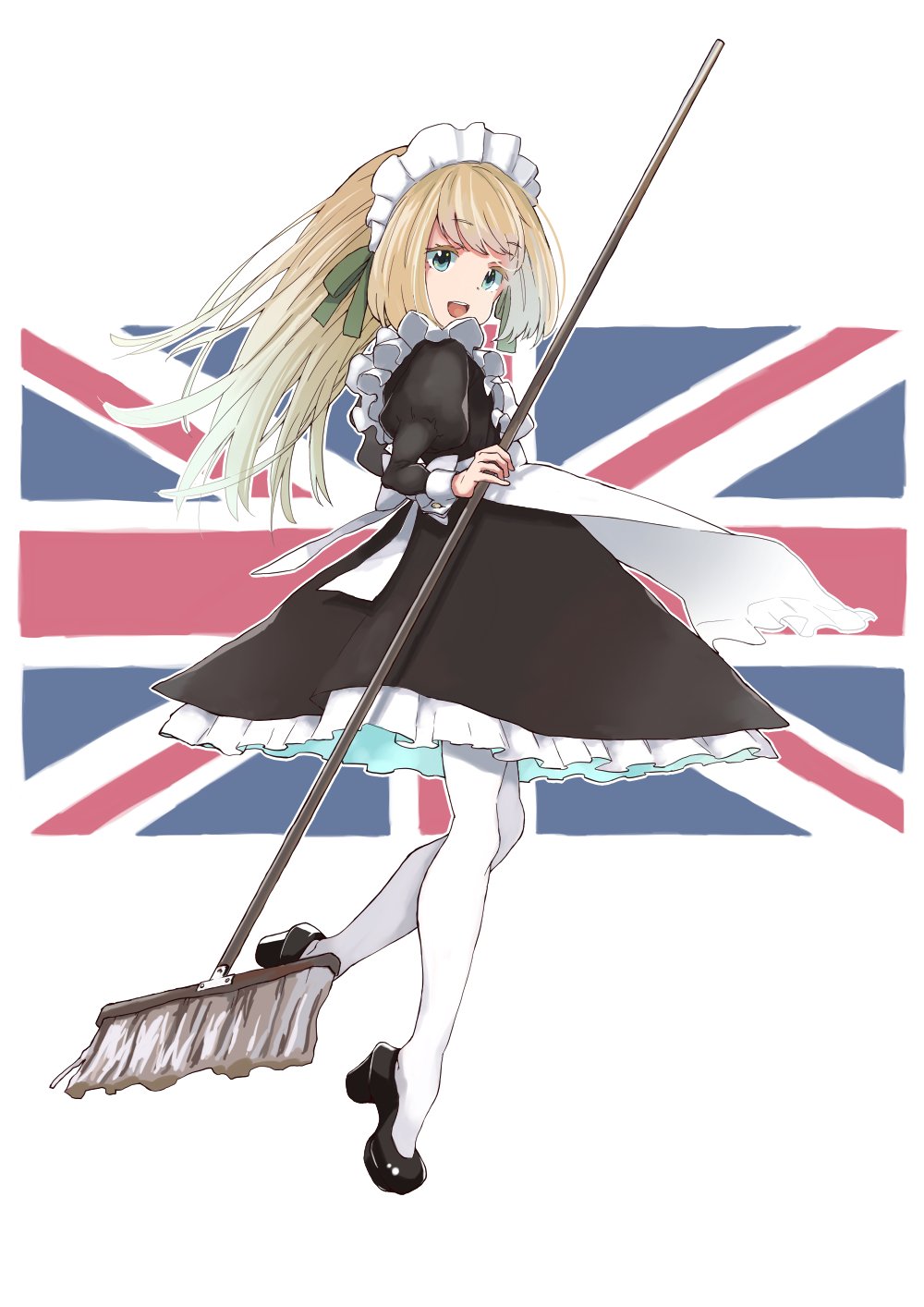 1girl alternate_costume apron black_dress black_footwear blonde_hair blue_eyes dress enmaided frilled_apron frilled_dress frills full_body highres holding holding_mop jervis_(kancolle) juliet_sleeves kantai_collection long_hair long_sleeves maid maid_apron maid_headdress matsutani mop open_mouth pantyhose puffy_sleeves shoes smile solo teeth union_jack upper_teeth white_apron white_pantyhose