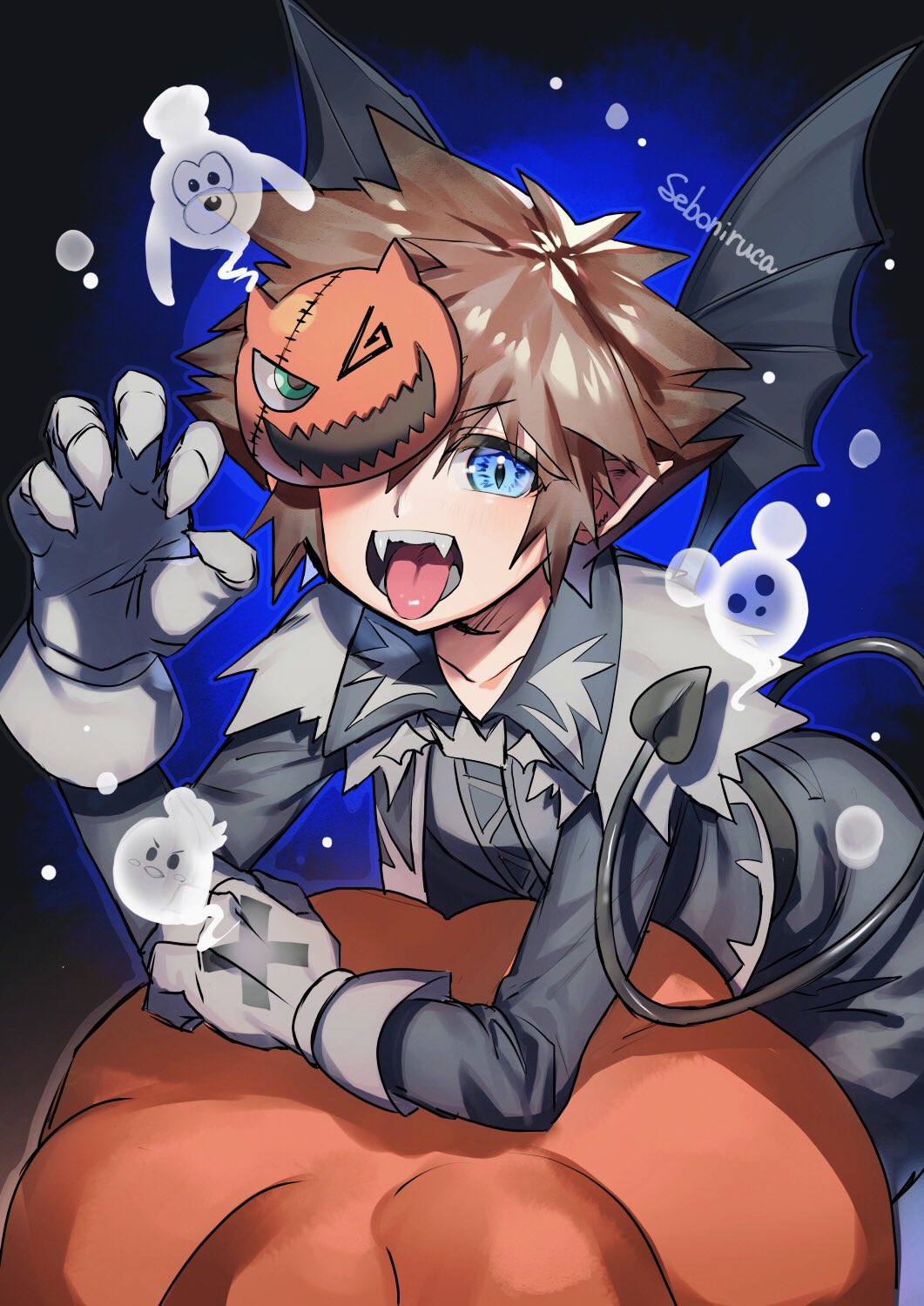 1boy artist_name bat_wings black_jacket blue_eyes brown_hair claws clenched_hand demon_tail donald_duck fangs ghost gloves goofy grey_gloves hair_between_eyes halloween halloween_costume highres jacket kingdom_hearts leaning_forward long_sleeves male_focus mickey_mouse official_alternate_costume one_eye_covered open_mouth pointy_ears seboniruca short_hair slit_pupils sora_(kingdom_hearts) spiky_hair tail tongue tongue_out wings