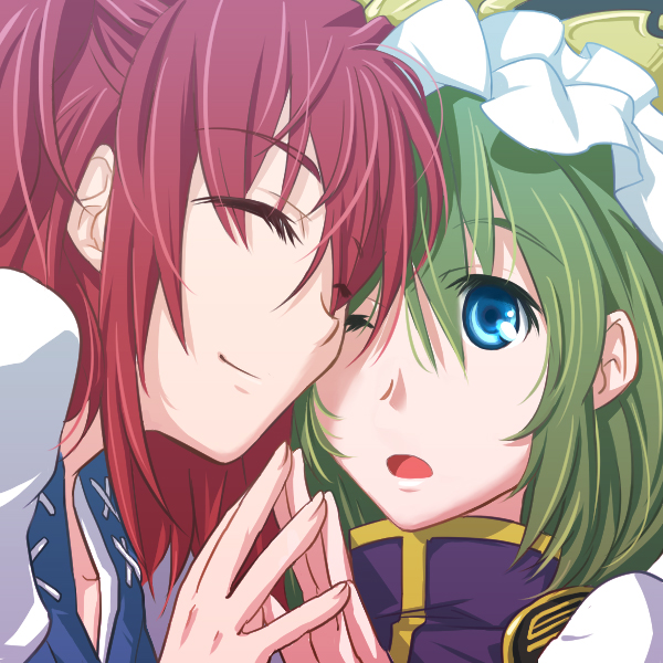 2girls blue_eyes close-up closed_eyes closed_mouth frilled_hat frills green_hair hat holding_hands kitsune_maru looking_at_viewer multiple_girls one_eye_closed onozuka_komachi open_mouth redhead shiki_eiki smile touhou upper_body