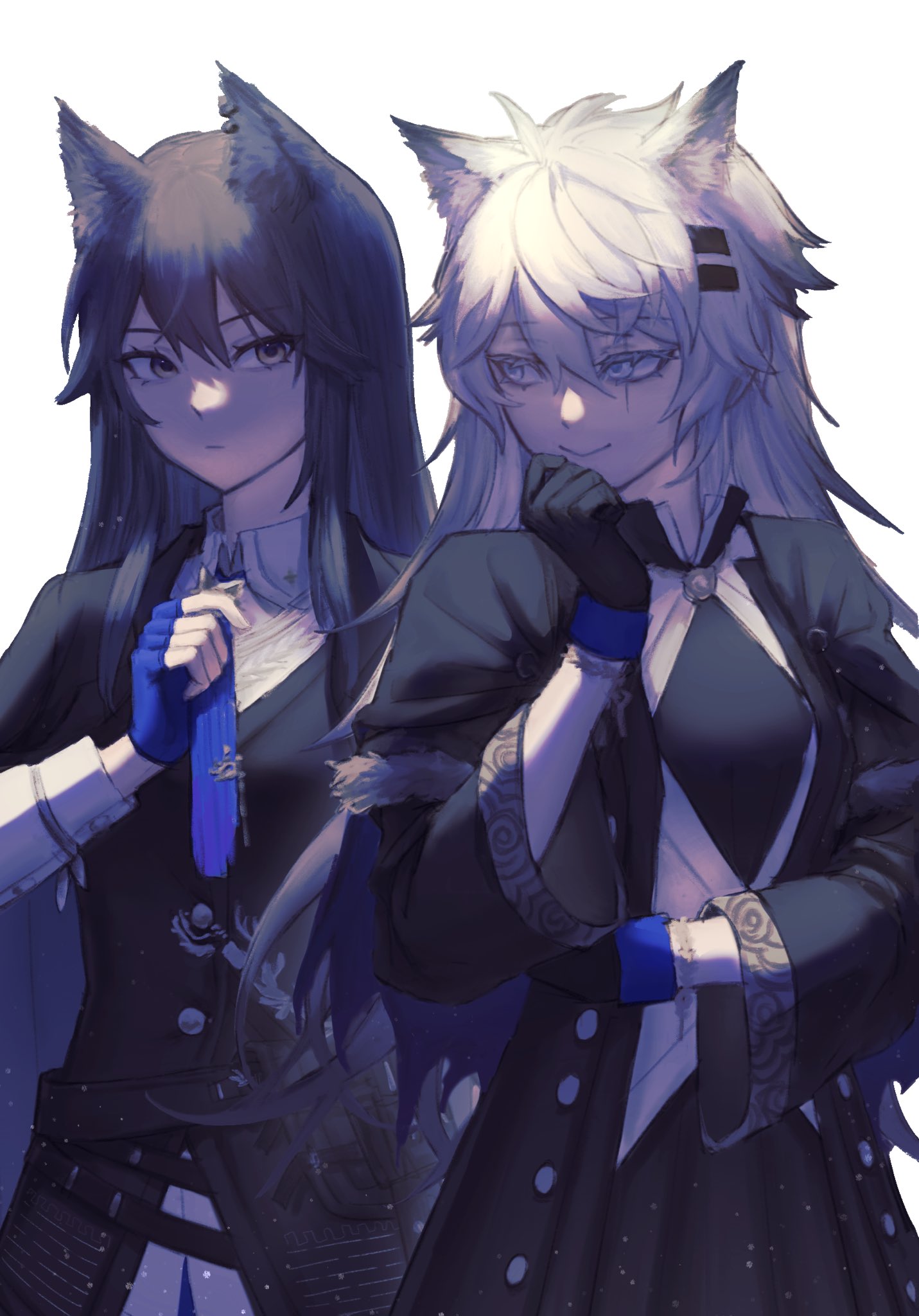 2girls animal_ear_fluff animal_ears arknights bangs black_gloves black_hair black_jacket black_skirt blue_gloves brown_eyes closed_mouth collared_shirt commentary_request fingerless_gloves gloves grey_eyes grey_hair gua_ji_gua_ji_gu hair_between_eyes hair_ornament hairclip hand_up highres jacket lappland_(arknights) long_hair long_sleeves multiple_girls pleated_skirt shirt simple_background skirt smile texas_(arknights) white_background white_shirt wide_sleeves