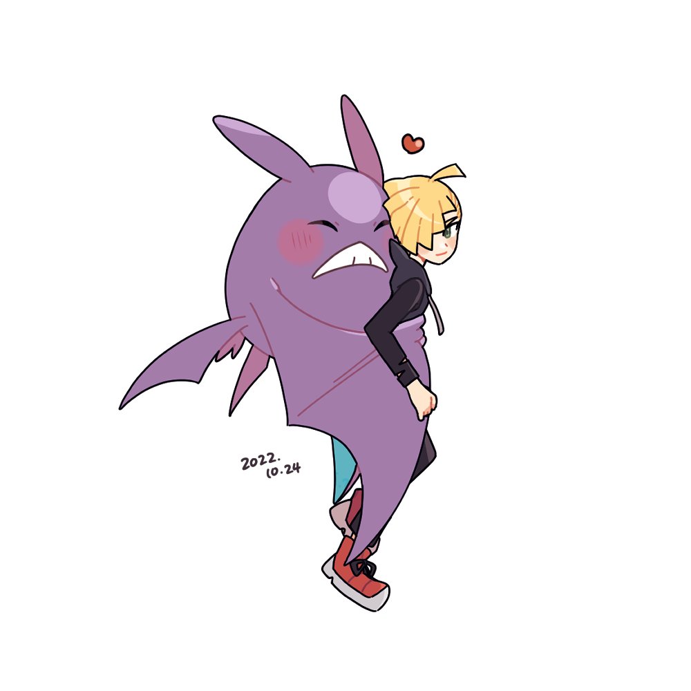 1boy affectionate ahoge bangs black_shirt blonde_hair blush closed_mouth commentary_request crobat daifuku_(pokefuka_art) dated gladion_(pokemon) green_eyes hair_over_one_eye heart hug hug_from_behind male_focus pokemon pokemon_(creature) pokemon_(game) pokemon_sm red_footwear shirt shoes short_hair simple_background smile tassel torn_clothes torn_shirt white_background