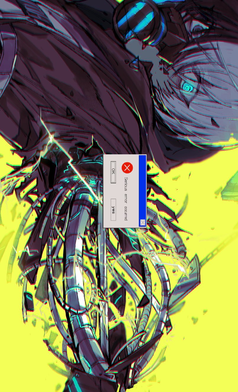 1boy aoyagi_touya au17155823 black_jacket blue_eyes blue_hair broken cable close_game/offline_(project_sekai) cyberpunk electricity error_message glowing glowing_eyes highres jacket mechanical_arms multicolored_hair project_sekai respirator solo split-color_hair window_(computing) yellow_background
