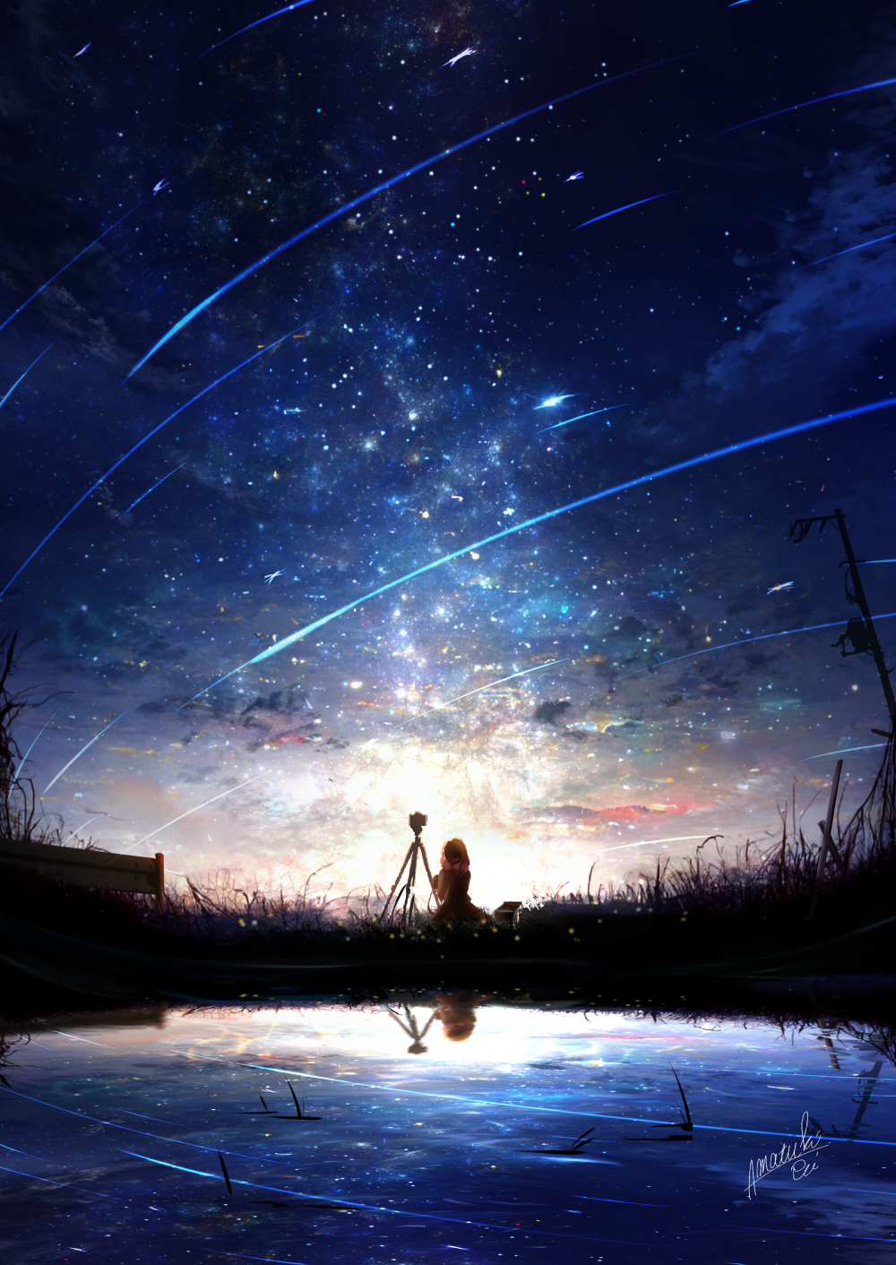 1girl amatsuki_rei beret blue_sky brown_shirt brown_skirt camera grass hat highres light long_sleeves nature night orange_hair original pond red_headwear reflection reflective_water scenery shadow shirt signature sitting skirt sky solo space star_(sky) star_(symbol) starry_sky