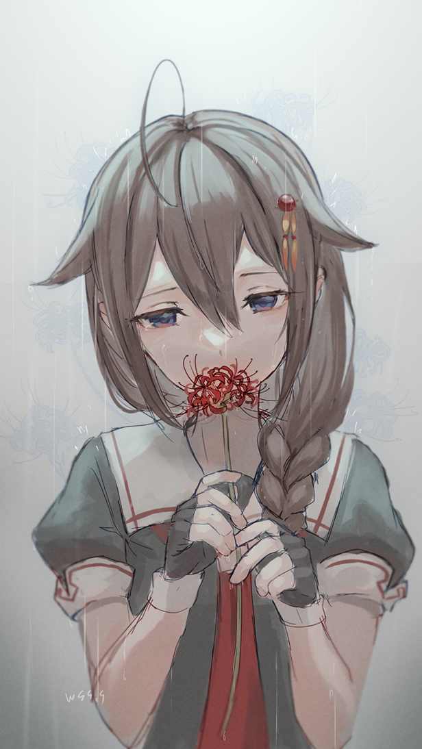 1girl ahoge artist_name black_gloves black_serafuku blue_eyes braid brown_hair fingerless_gloves flower gloves hair_flaps holding holding_flower kantai_collection long_hair necktie puffy_short_sleeves puffy_sleeves red_flower red_necktie school_uniform serafuku shigure_(kancolle) shigure_kai_ni_(kancolle) short_sleeves signature single_braid solo spider_lily wss_(nicoseiga19993411)