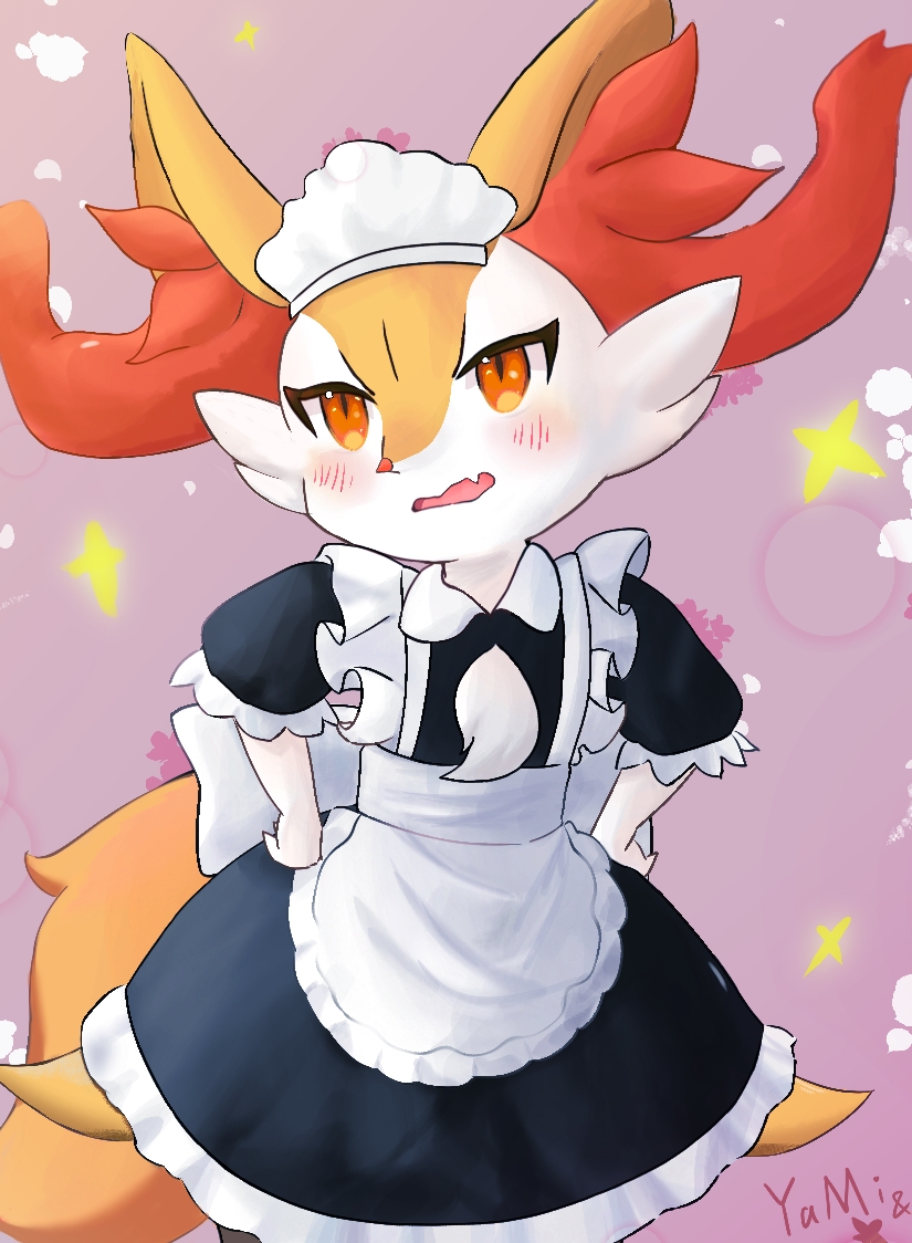 1girl animal_ear_fluff animal_ears animal_nose apron artist_name back_bow black_dress blush body_fur bow braixen chinese_commentary clothed_pokemon collared_dress commentary_request cowboy_shot dress fang flat_chest fox_ears fox_girl fox_tail frilled_apron frilled_dress frilled_sleeves frills furry furry_female hands_on_hips maid_apron maid_headdress open_mouth orange_eyes pokemon pokemon_(creature) puffy_short_sleeves puffy_sleeves purple_background red_eyes short_dress short_sleeves signature skin_fang snout solo standing tail two-tone_fur white_apron white_bow white_fur yami_(pixiv_68344719) yellow_fur