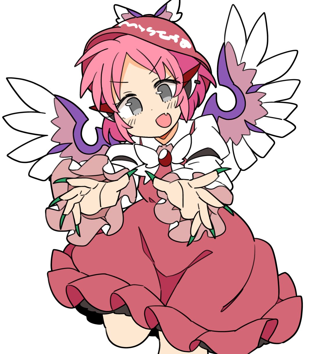 1girl animal_ears bird_ears bird_wings blush brown_dress brown_headwear dress earrings fang fingernails frilled_dress frilled_sleeves frills green_nails grey_eyes hat highres ini_(inunabe00) jewelry long_fingernails long_sleeves mystia_lorelei nail_polish open_mouth pink_hair sharp_fingernails short_hair simple_background single_earring skin_fang smile solo touhou white_background white_wings winged_hat wings