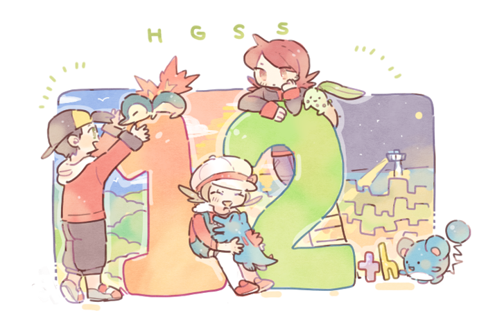 1girl 2boys :d anniversary backwards_hat baseball_cap black_eyes black_hair black_headwear blue_overalls brown_hair cabbie_hat chikorita cyndaquil ethan_(pokemon) full_moon hat katiko lighthouse long_hair long_sleeves lyra_(pokemon) marill moon multiple_boys no_nose olivine_city orange_eyes overalls pokemon pokemon_(creature) pokemon_(game) pokemon_hgss red_footwear redhead short_hair silver_(pokemon) smile star_(sky) starter_pokemon_trio thigh-highs totodile twintails two-tone_headwear white_headwear white_thighhighs yellow_headwear zettai_ryouiki