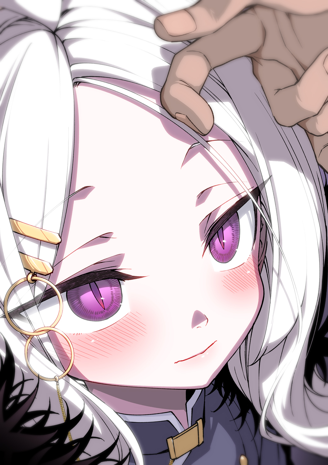 1boy 1girl bangs blue_archive blush close-up closed_mouth fur_collar hair_ornament hairclip highres hina_(blue_archive) hitotose_rin long_hair parted_bangs portrait slit_pupils solo_focus violet_eyes white_hair