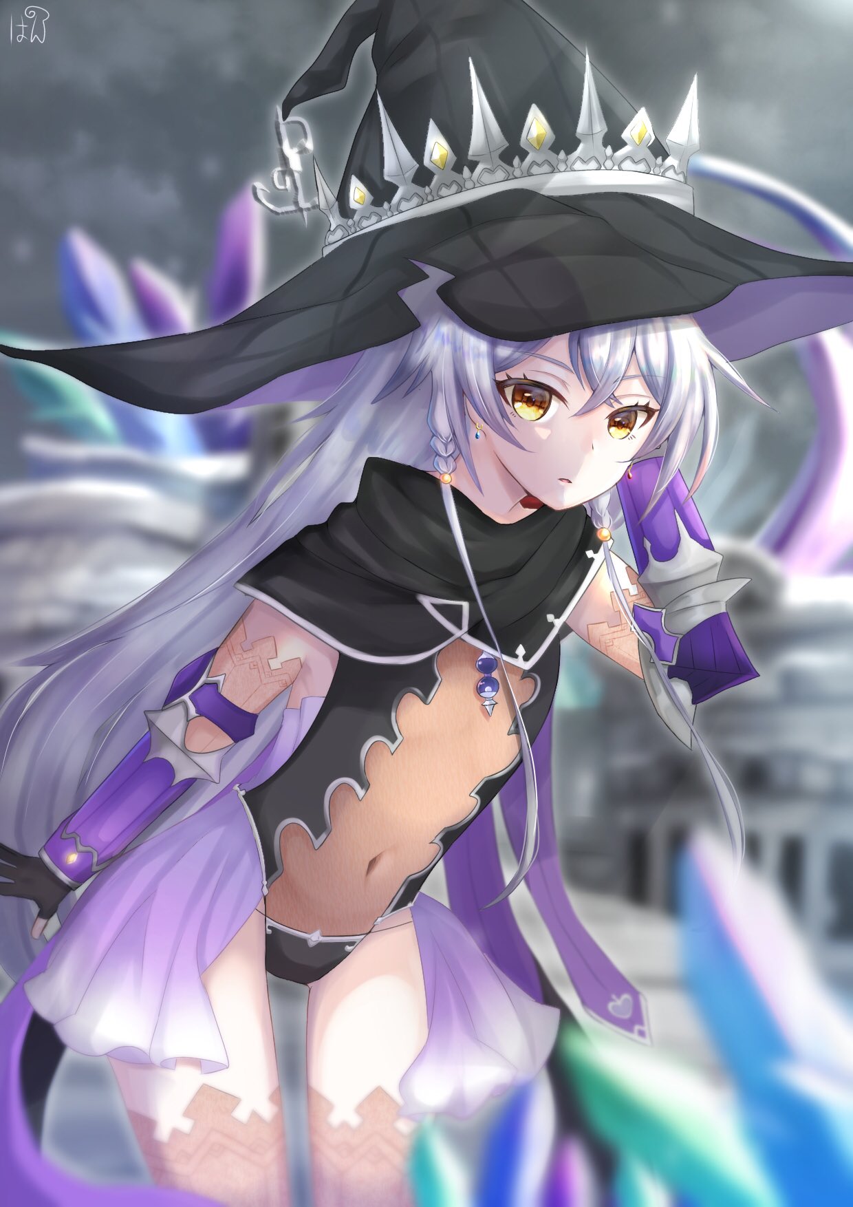 1girl drowpan4_23 flat_chest hat highres hilda_(stella_glow) leotard long_hair navel see-through see-through_leotard solo stella_glow very_long_hair white_hair witch witch_hat yellow_eyes