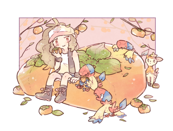 1girl antenna_hair archen baseball_cap black_footwear black_vest blue_shorts boots branch brown_hair closed_mouth cutoffs deerling deerling_(autumn) food fruit hand_up hat hilda_(pokemon) holding holding_food holding_fruit katiko leaf long_hair no_nose open_clothes open_vest persimmon pink_eyes pink_headwear pokemon pokemon_(creature) pokemon_(game) pokemon_bw ponytail shorts sidelocks sitting smile tank_top two-tone_headwear vest white_headwear white_tank_top wide_ponytail