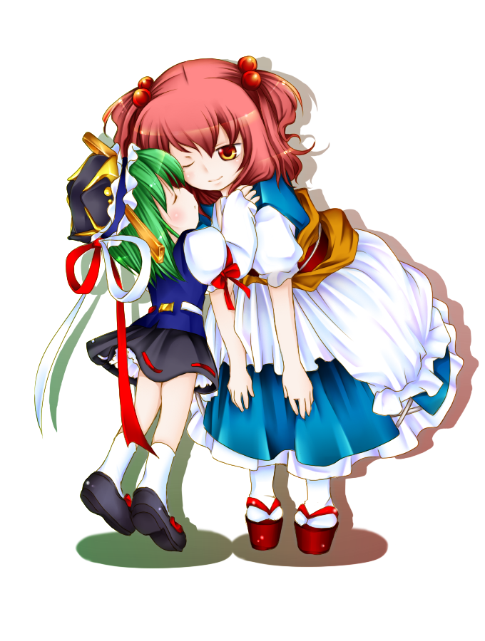 2girls aoi_mitsuru closed_eyes frilled_hat frills full_body geta green_hair hair_bobbles hair_ornament hat height_difference kiss leaning_forward looking_at_another multiple_girls one_eye_closed onozuka_komachi red_footwear redhead shiki_eiki short_hair short_sleeves simple_background standing tall_female tiptoe_kiss tiptoes touhou two_side_up white_background