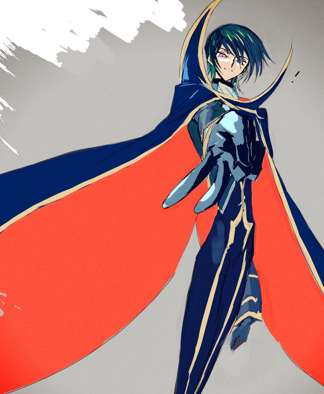 ! 1boy amatu_trabajo black_gloves brown_hair cape code_geass foreshortening from_below gloves highres lelouch_lamperouge male_focus order_of_the_black_knights_uniform skinny solo standing uniform v violet_eyes