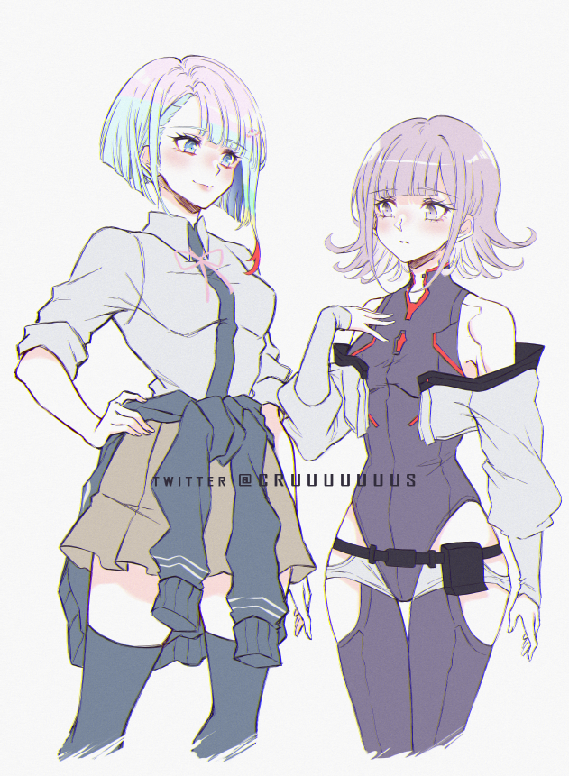 2girls artist_name bangs bare_shoulders black_shirt black_thighhighs blush breasts brown_skirt clothes_around_waist collared_shirt cosplay criis-chan cyberpunk_(series) cyberpunk_edgerunners danganronpa_(series) danganronpa_2:_goodbye_despair flipped_hair hand_on_hip jacket jacket_around_waist looking_at_another lucy_(cyberpunk) medium_breasts medium_hair multiple_girls nanami_chiaki nanami_chiaki_(cosplay) off_shoulder pink_eyes pleated_skirt shiny shiny_hair shirt simple_background skirt smile standing thigh-highs two-tone_shirt white_background white_hair white_shirt zettai_ryouiki