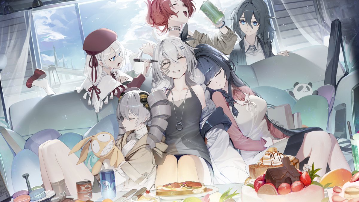 6+girls ahoge alcohol apron bare_shoulders beer beer_can beret black_bow black_hair black_jacket black_skirt blue_eyes blue_sky bow braid bronya_zaychik brown_jacket cake can chyan closed_eyes closed_mouth clouds cloudy_sky couch curtains doll drawing_on_another's_face dress drill_hair food fu_hua grey_dress grey_hair hair_bow hat holding holding_can holding_doll holding_marker homu_(honkai_impact) honkai_(series) honkai_impact_3rd indoors jacket jewelry kiana_kaslana knife long_sleeves lying_on_person macaron marker multiple_girls murata_himeko necklace open_mouth pink_shirt plate ponytail purple_hair raiden_mei red_footwear red_shirt redhead shirt sitting skirt sky sleeping sleeveless sleeveless_dress soda soda_can theresa_apocalypse thigh-highs twin_braids twin_drills white_apron white_hair white_jacket white_shirt white_thighhighs window