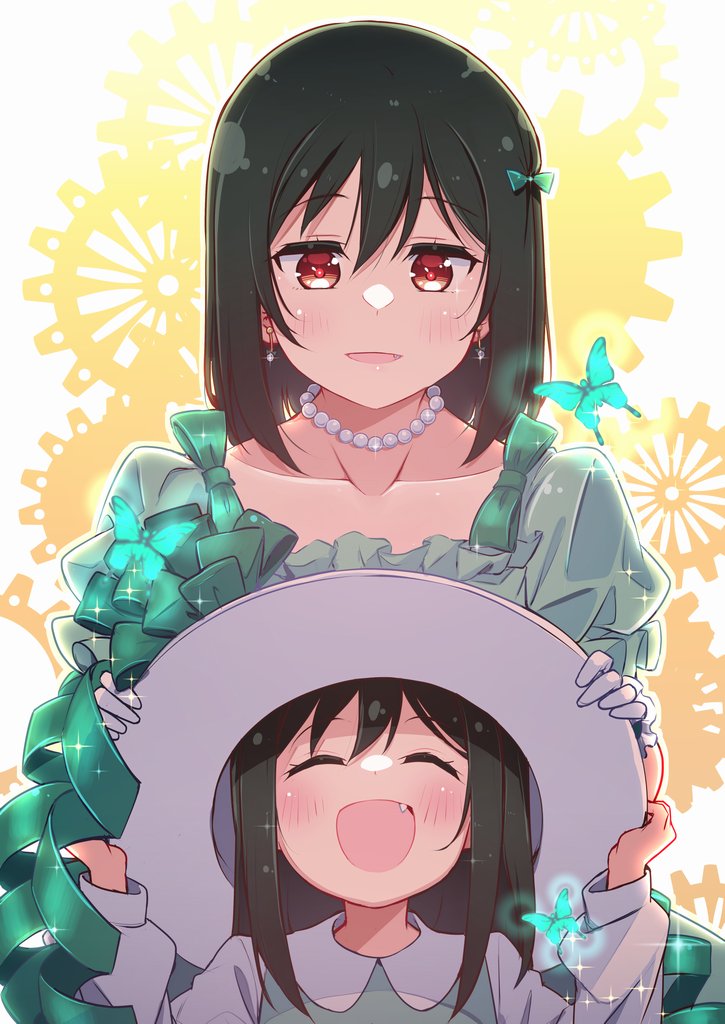 1girl :d ^_^ aged_down bangs black_hair blush bob_cut closed_eyes dress dual_persona emotion_(love_live!) fang gloves green_dress hair_between_eyes hair_ribbon hand_on_headwear hat hat_removed headwear_removed holding holding_clothes holding_hat jewelry looking_at_another love_live! love_live!_nijigasaki_high_school_idol_club medium_hair mifune_shioriko necklace open_mouth pearl_necklace puffy_short_sleeves puffy_sleeves red_eyes repunit ribbon short_sleeves smile white_gloves white_headwear