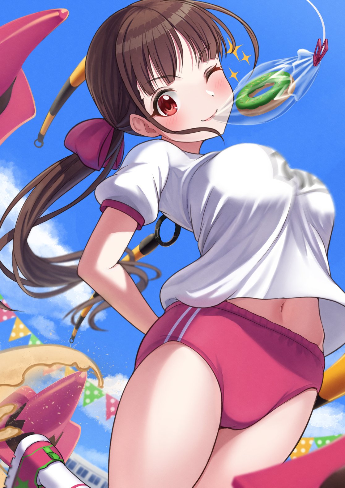 1girl bangs blue_sky blush bow bread_eating_race breasts brown_eyes brown_hair buruma clouds commentary day doughnut food hair_bow highres idolmaster idolmaster_shiny_colors large_breasts long_hair looking_at_viewer midriff_peek motion_blur name_tag navel one_eye_closed osoba_susurukun outdoors pink_bow pink_buruma pink_footwear ponytail sand shirt shoes short_sleeves sky smile sneakers socks solo sonoda_chiyoko sparkle thighs traffic_cone v-shaped_eyebrows white_shirt white_socks