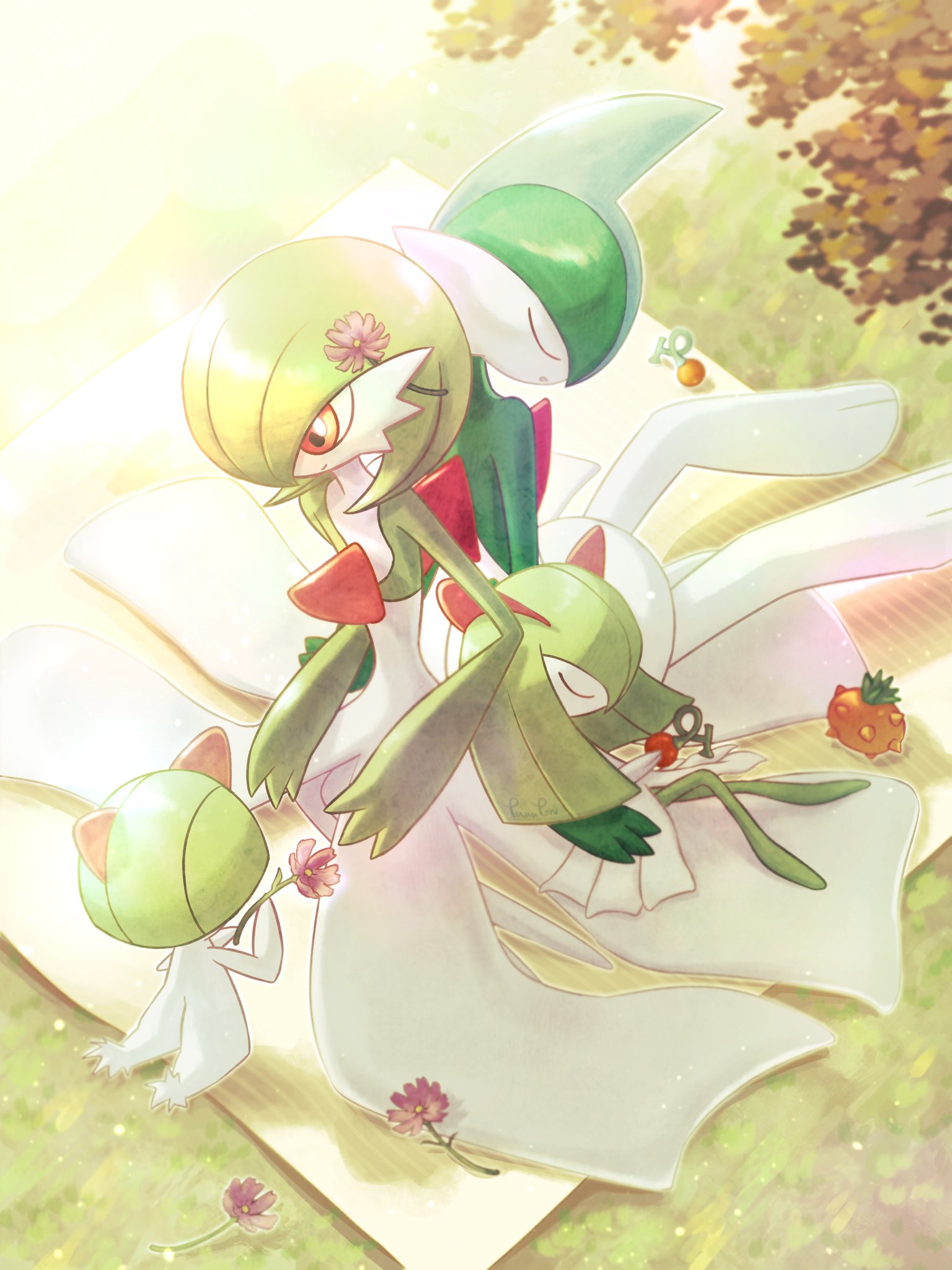 berry_(pokemon) closed_eyes closed_mouth commentary_request day evolutionary_line flower gallade gardevoir grass highres kirlia orange_eyes outdoors pokemon pokemon_(creature) ponkotsu_tanupon purple_flower ralts sleeping